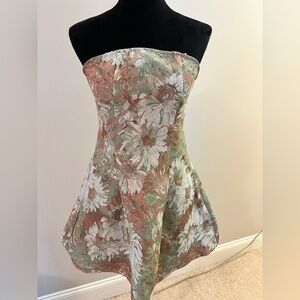 SHEIN Strapless Floral Jacquard Mini Dress in Sage, Rust and Ivory